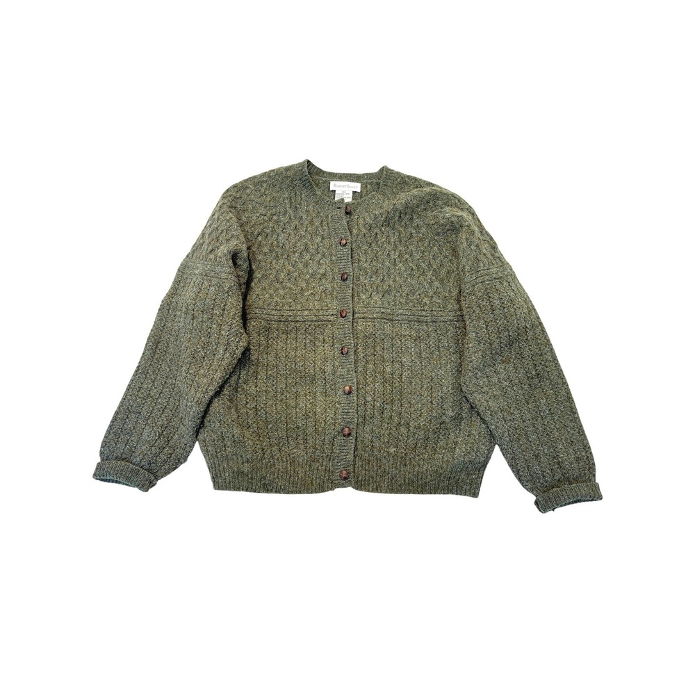 Robert Scott VTG Wool Cable Knit Cardigan Sweater XL Green Textured Jumper